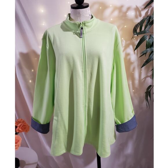 T by Talbots Full Zip Chambray Flip Cuff Light Jacket Size 3X Lime Green UPF 50+ - Picture 1 of 12